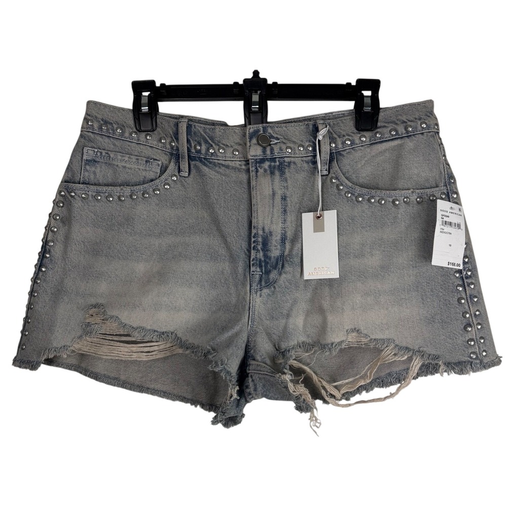 Good American Good 90s Studded Shorts Indigo Blue Distressed Denim 10 GFD249 NEW